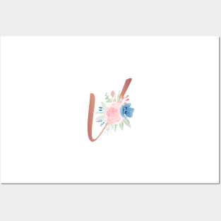 Letter V Rose Gold and Watercolor Blush Pink and Navy Posters and Art